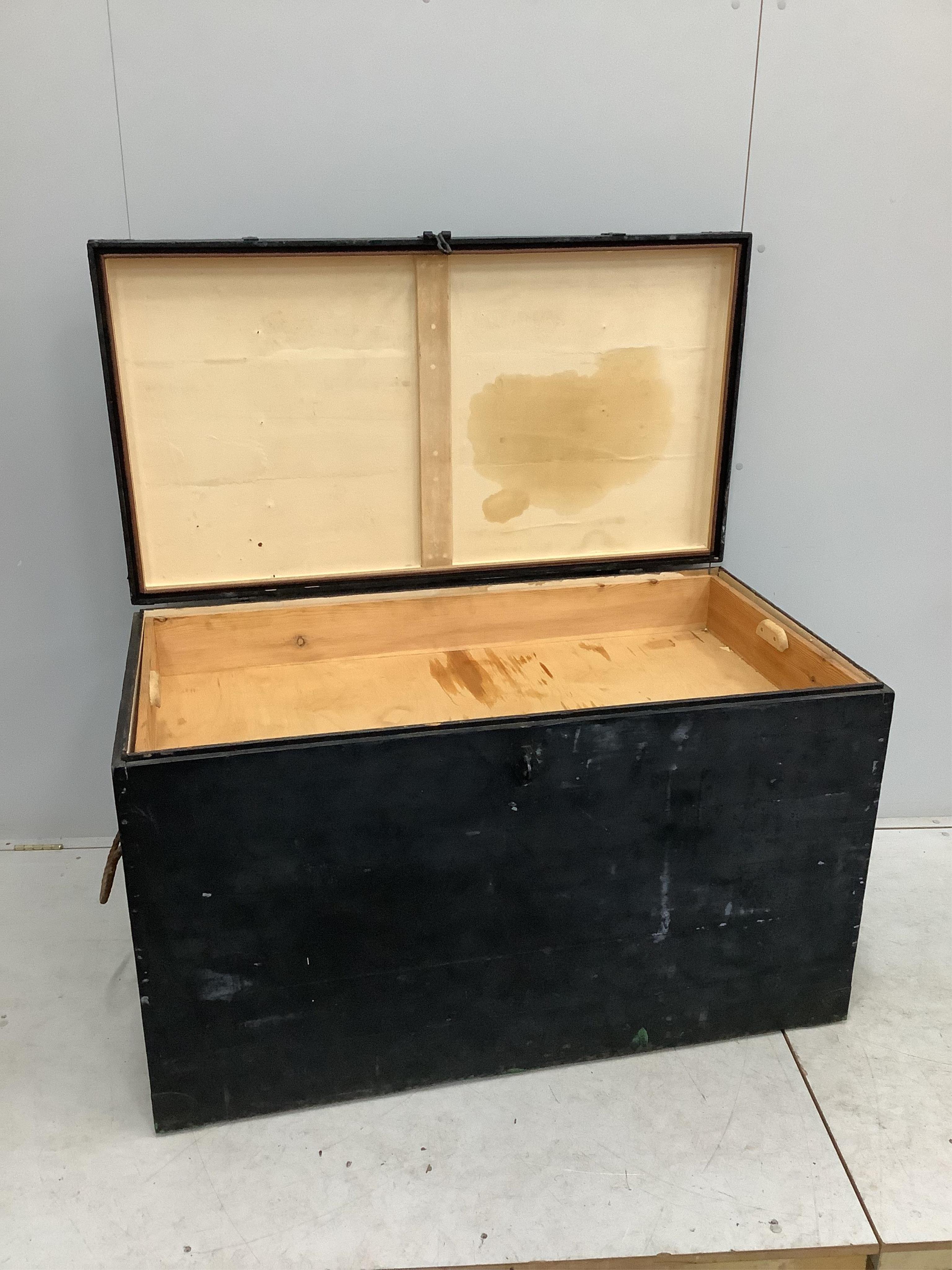 An early 20th century iron bound painted wood trunk, width 125cm, depth 67cm, height 75cm., Provenance - Harrison Zoological Museum, Bowerwood House in Sevenoaks., Condition - poor to fair